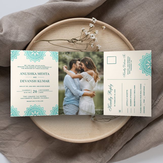 Invitación Tríptica Mándala azul elegante Boda tradicional india (Subido por el creador)