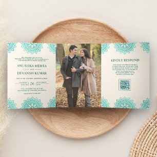 Invitación Tríptica Mandala de marfil teal étnico Código QR Boda india