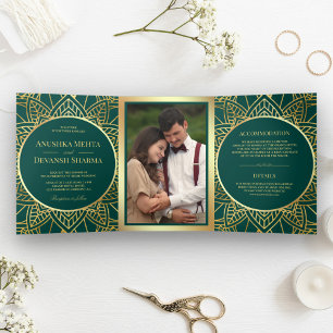 Invitación Tríptica Mándala Étnico Teal y Dorado Boda India
