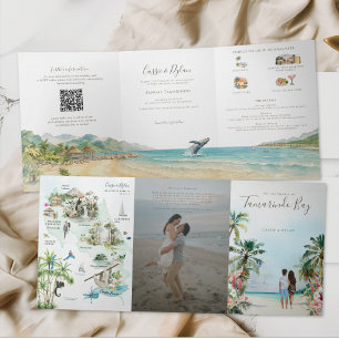 Invitación Tríptica Mapa de boda de destino de acuarela Costa Rica