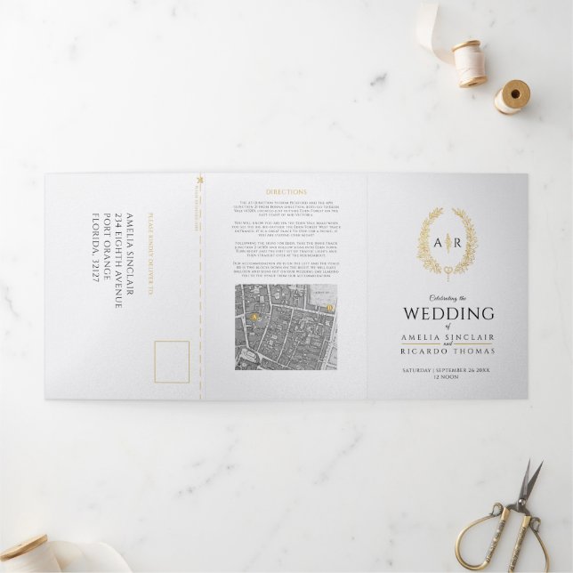 Invitación Tríptica Mapa de raciones de boda negro de oro blanco monog (Exterior)