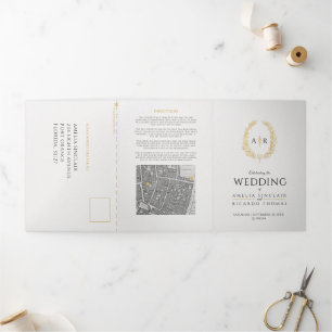 Invitación Tríptica Mapa de raciones de boda negro de oro blanco monog