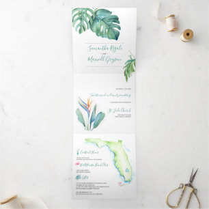 Invitación Tríptica Mapa de todo en una acuarela tropical