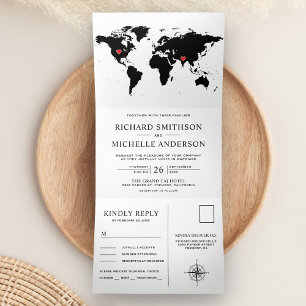 Invitación Tríptica Mapa Mundial Blanco y Negro Todo en Uno Boda