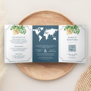 Invitación Tríptica Mapa Mundial de Boda de Hojas Tropicales Polvorien