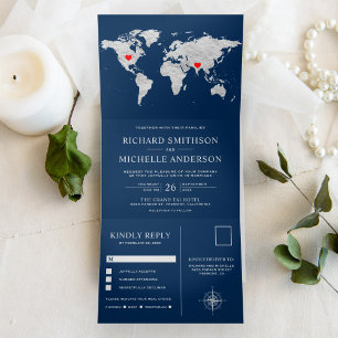 Invitación Tríptica Mapa Mundial de Boda Todo en Uno Azul Marino Plate