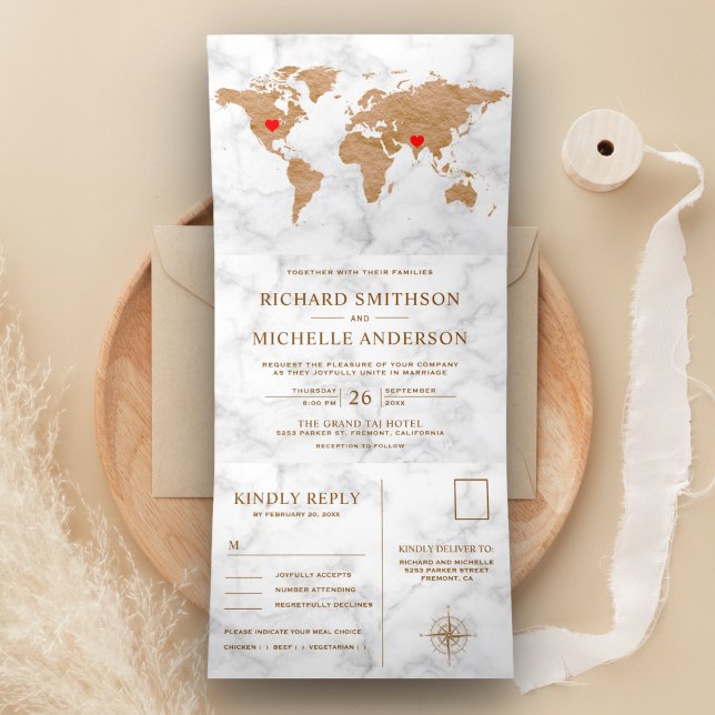 Invitación Tríptica Mapa Mundial de Bronce con Mármol Blanco Boda Todo (Subido por el creador)