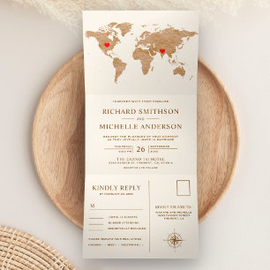 Invitación Tríptica Mapa Mundial de Bronce Crema Boda Todo en Uno