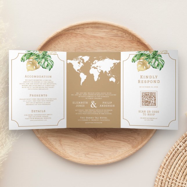 Invitación Tríptica Mapa Mundial de Hojas Tropicales Marrón Claro Todo (Subido por el creador)