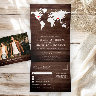 Invitación Tríptica Mapa Mundial de Madera Rústica Boda Todo en Uno
