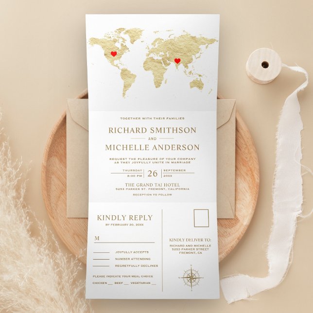 Invitación Tríptica Mapa Mundial de Oro Blanco Boda Todo en Uno (Subido por el creador)