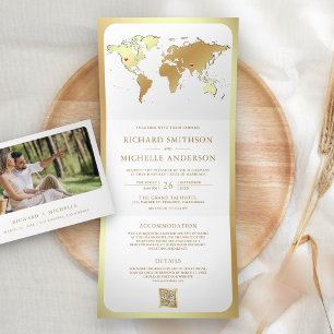Invitación Tríptica Mapa Mundial de Oro Blanco Código QR Foto Boda