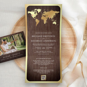 Invitación Tríptica Mapa Mundial de Oro de Madera Rústica Código QR Fo