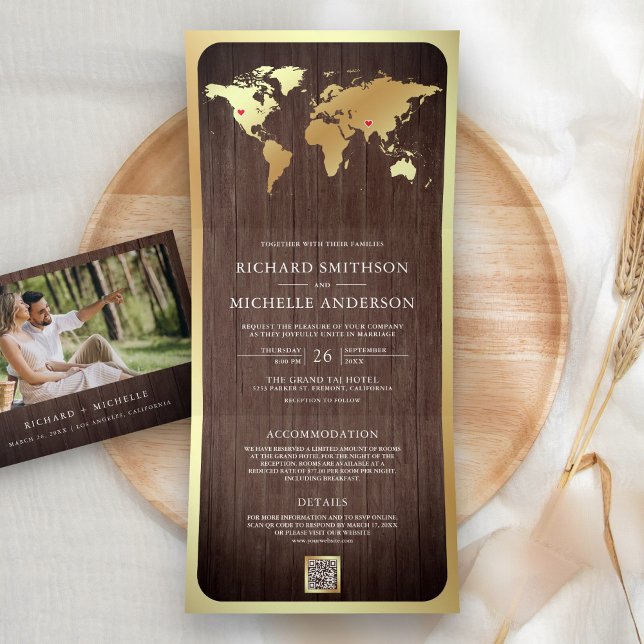 Invitación Tríptica Mapa Mundial de Oro de Madera Rústica Código QR Fo (Subido por el creador)