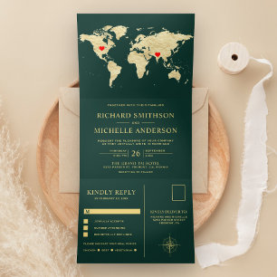 Invitación Tríptica Mapa Mundial de Oro Verde Esmeralda Boda Todo en U