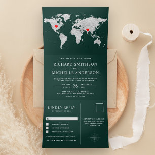 Invitación Tríptica Mapa Mundial de Plata Verde Esmeralda Boda Todo en
