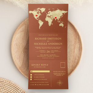 Invitación Tríptica Mapa Mundial de Terracota Dorado Boda Todo en Uno