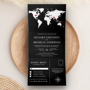 Invitación Tríptica Mapa Mundial en Blanco y Negro Boda Todo en Uno