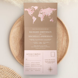 Invitación Tríptica Mapa Mundial Rosa Claro Beige Marrón Claro Boda To
