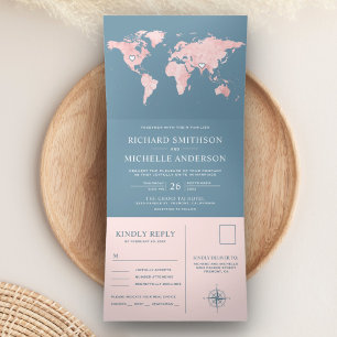 Invitación Tríptica Mapa Mundial Rosa Sonrojado Azul Polvoriento Todo