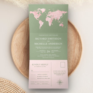 Invitación Tríptica Mapa Mundial Rosa Sonrojado Verde Salvia Todo en U