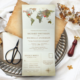 Invitación Tríptica Mapa Mundial Vintage Rústico Todo en Uno Boda