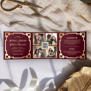 Invitación Tríptica Marco Art Déco Borgoña Dorado Código QR Boda