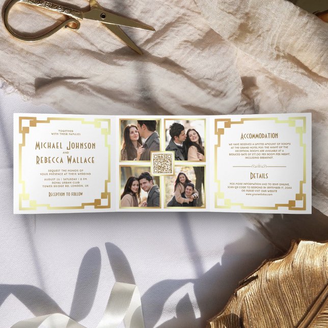 Invitación Tríptica Marco Cuadrado Art Déco Blanco Código QR Boda Dora (Subido por el creador)