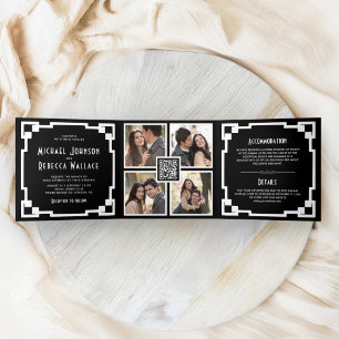 Invitación Tríptica Marco Cuadrado Art Deco Código QR Negro Blanco Bod