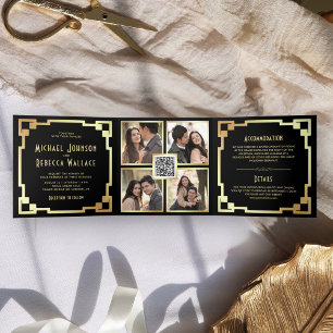 Invitación Tríptica Marco Cuadrado Art Déco Negro Código QR Boda Dorad