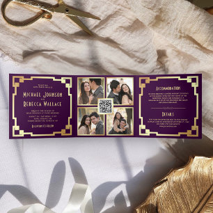 Invitación Tríptica Marco Cuadrado Art Déco Púrpura Dorado Código QR B