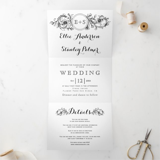 Invitación Tríptica Marco floral blanco y negro con boda de iniciales (Interior)