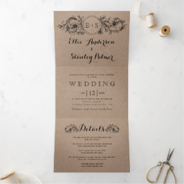 Invitación Tríptica Marco floral de cartón Kraft con boda de iniciales
