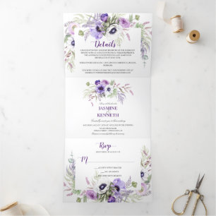 Invitación Tríptica Marco floral de color blanco de lavanda morada  