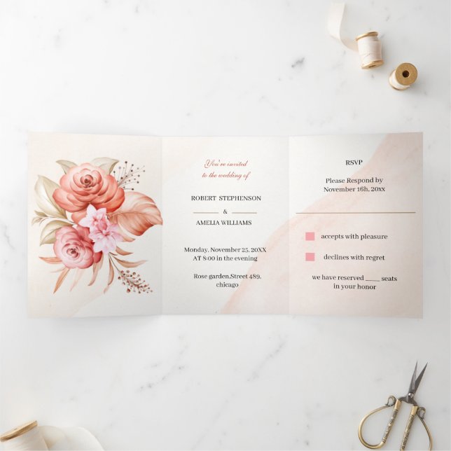 Invitación Tríptica Marco floral elegante de la boda personalizada (Interior)