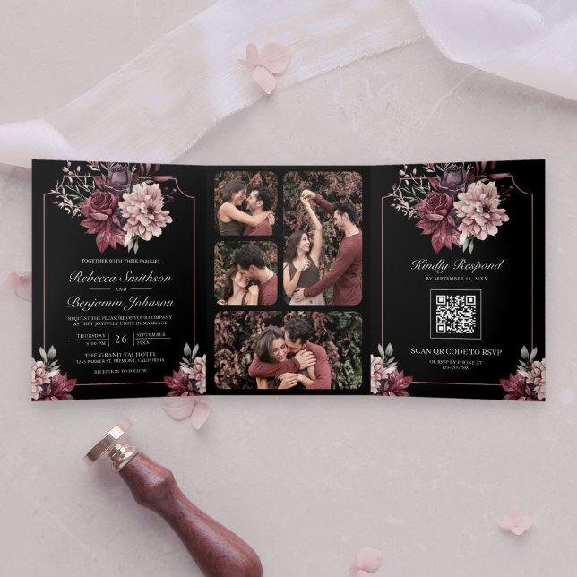 Invitación Tríptica Marco floral oscuro Moody Boda de código QR negro (Subido por el creador)