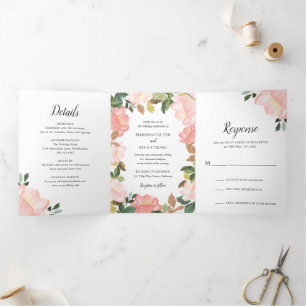 Invitación Tríptica Marco floral rosa elegante boda