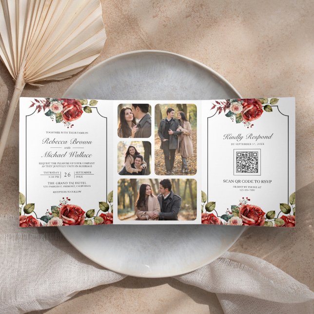 Invitación Tríptica Marco floral Roses Rojos todo en un Boda de código (Subido por el creador)