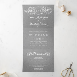Invitación Tríptica Marco floral vintage, boda de cartón kraft gris