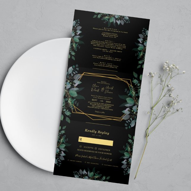Invitación Tríptica Marco geométrico elegante Boda fotográfico negro (Subido por el creador)