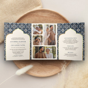 Invitación Tríptica Marfil Azul Marino Patrón Todo en Uno Boda India