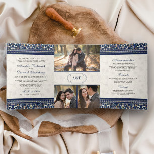 Invitación Tríptica Marfil Azul Naval Frontera Todo en Uno Boda India