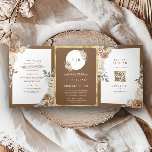 Invitación Tríptica Marfil Brown Beige Floral Gold Todo en un Boda (Subido por el creador)