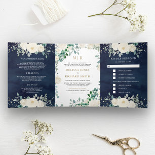 Invitación Tríptica Marfil Floral Salvia Hojas Verdes Azules Boda
