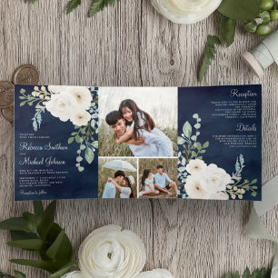 Invitación Tríptica Marfil Floral Salvia Hojas Verdes Foto Bodas Azul 