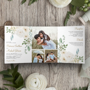 Invitación Tríptica Marfil Hojas Verdes de Salvia Floral Foto Boda