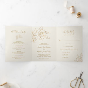 Invitación Tríptica Marfil Line Arte Floral Elegante Boda