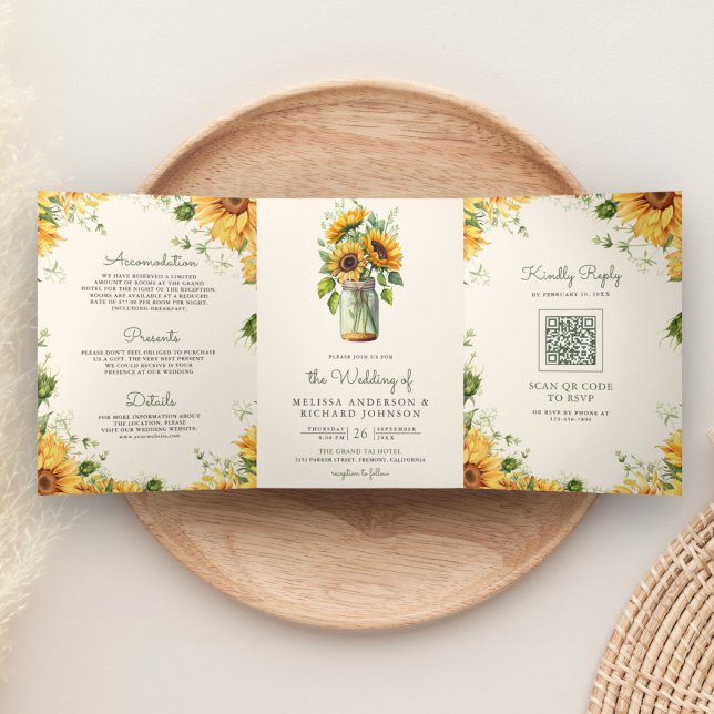 Invitación Tríptica Marfil Sunflowers Mason Jar QR Code Boda (Subido por el creador)