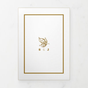 Invitación Tríptica Mariposa dorada, suite Boda blanca y dorada