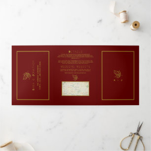 Invitación Tríptica Mariposa dorada, suite Boda roja y dorada